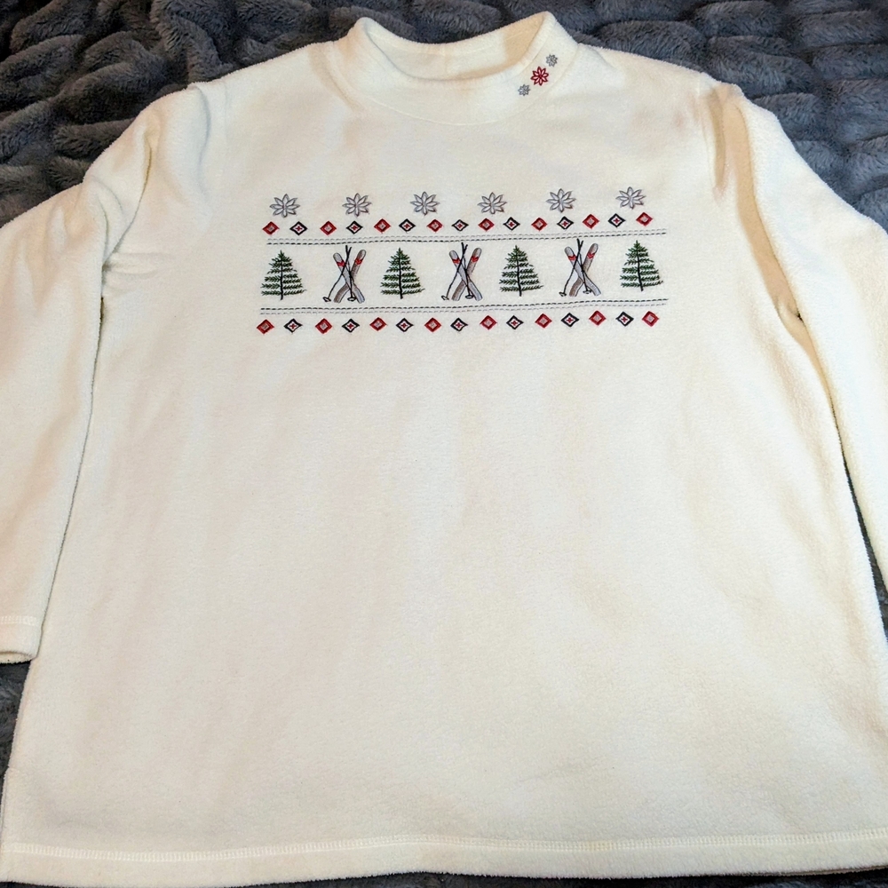 Vintage Women's LG White Fleece Sweater, Mock Turtleneck with Festive Pattern